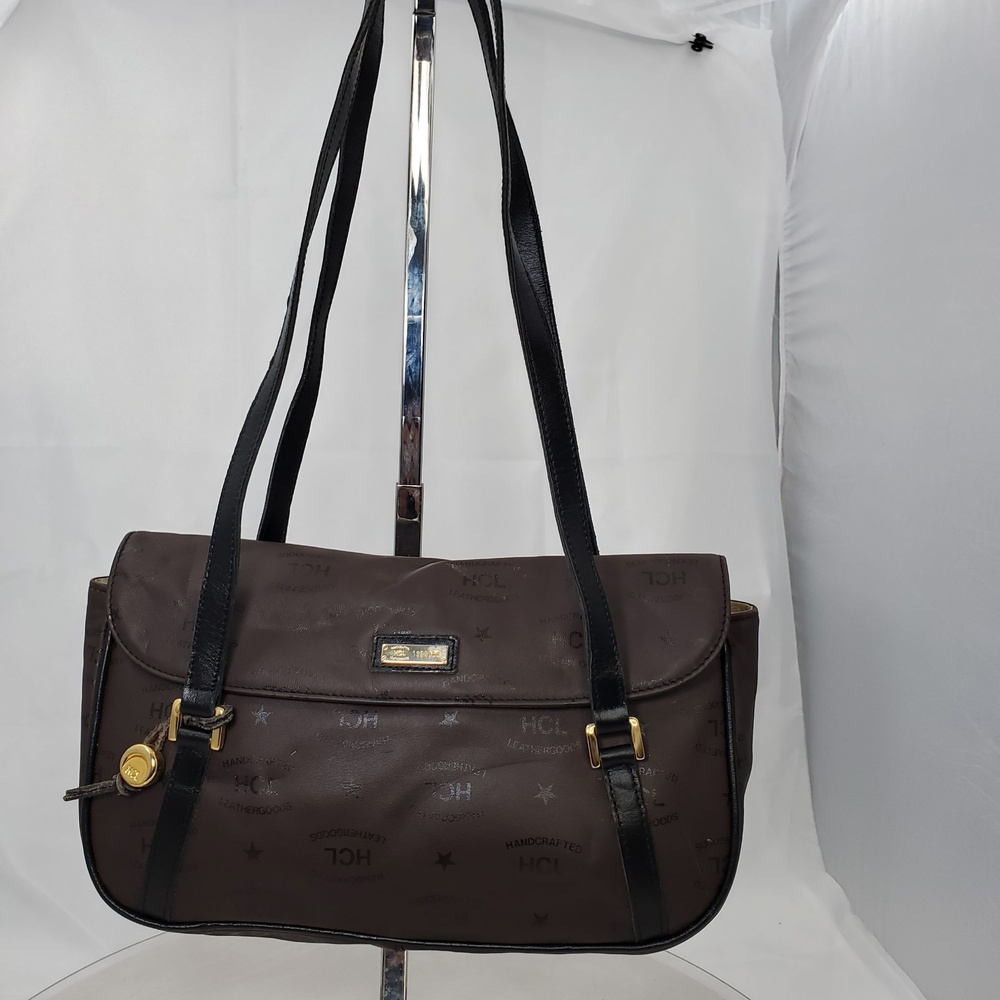 Vintage 80s HCL Germany Brown Signature Logo Leather Shoulder Bag Double Strap